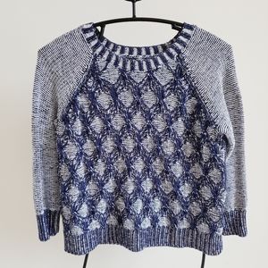 Blue patterned crew neck, raglan sleeve sweater